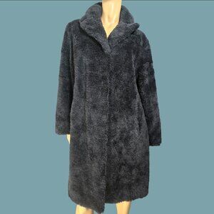 Vintage 90s black Faux Fur Teddy Coat Size L Mid length Grunge Glam Indie Sleaze